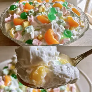 Overhead view of a vibrant fluff salad featuring orange segments, maraschino cherries, and pastel marshmallows. (fluff salad)