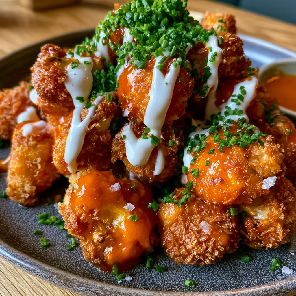 Top-down view of Buffalo cauliflower bites garnished with chives and sea salt on a charcoal plate.