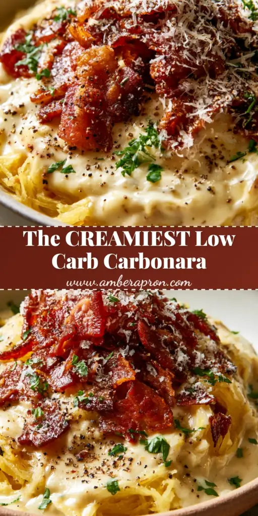 A rustic bowl of spaghetti squash carbonara topped with mahogany bacon bits and emerald parsley.