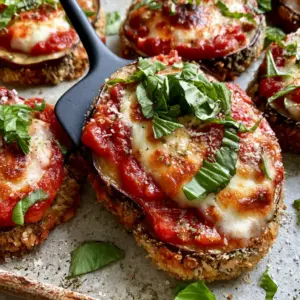 Close-up of panko-crusted eggplant rounds with golden-brown breading and thick marinara sauce. (baked eggplant parmesan)
