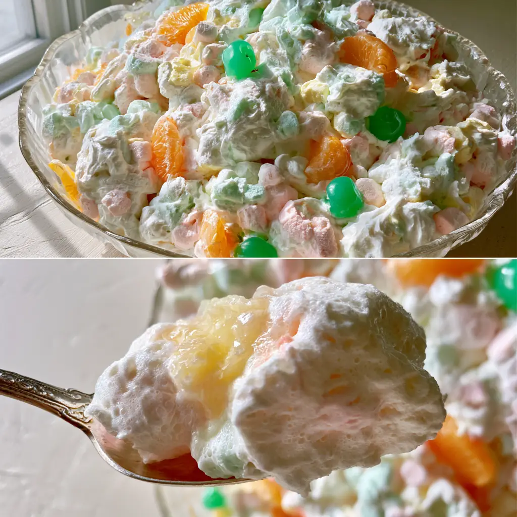 Macro close-up of a silver spoon lifting a cloud-like dollop of fluff salad showing microscopic air bubbles and pineapple bits.