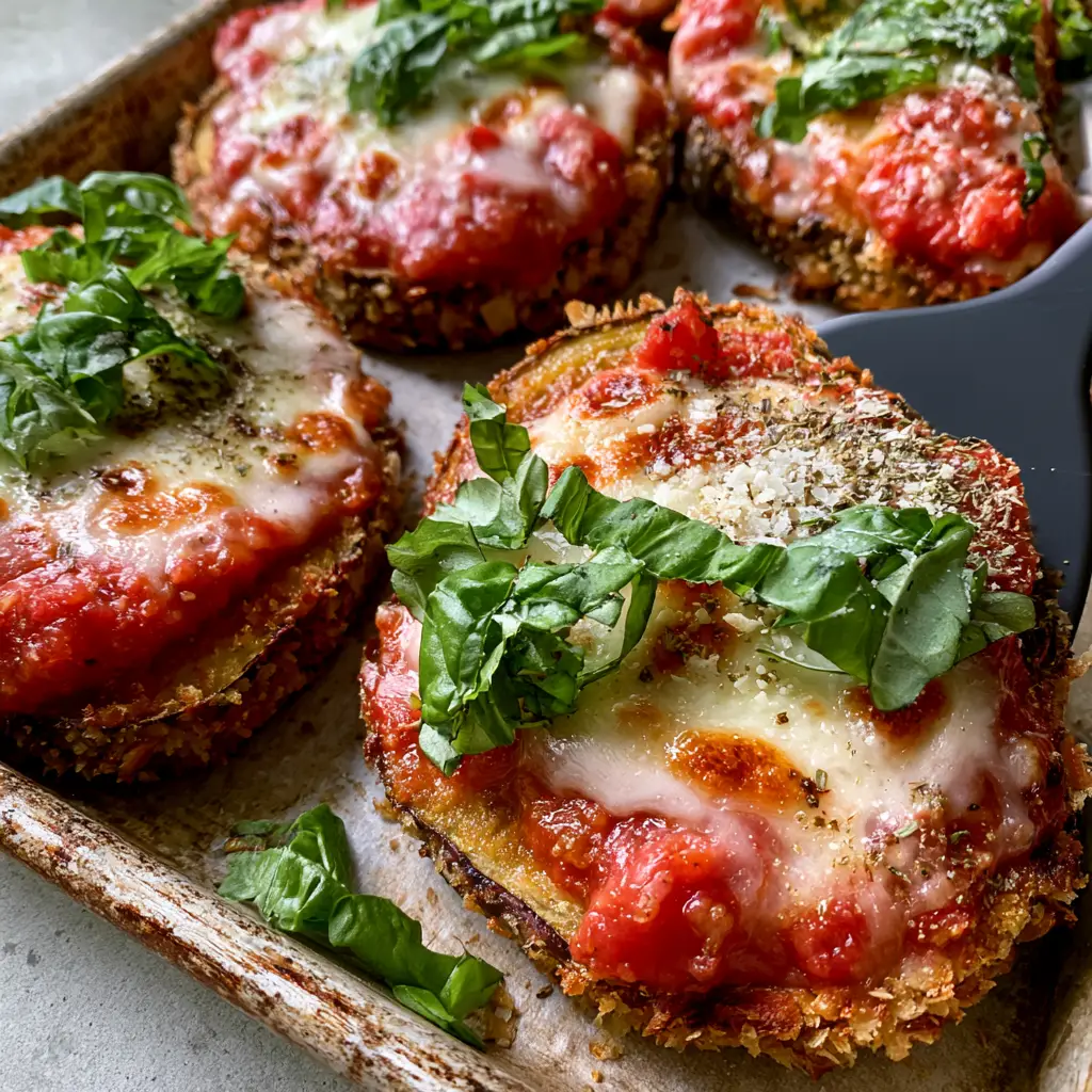 A spatula lifting a slice of baked eggplant parmesan to reveal a crispy, toasted bottom.