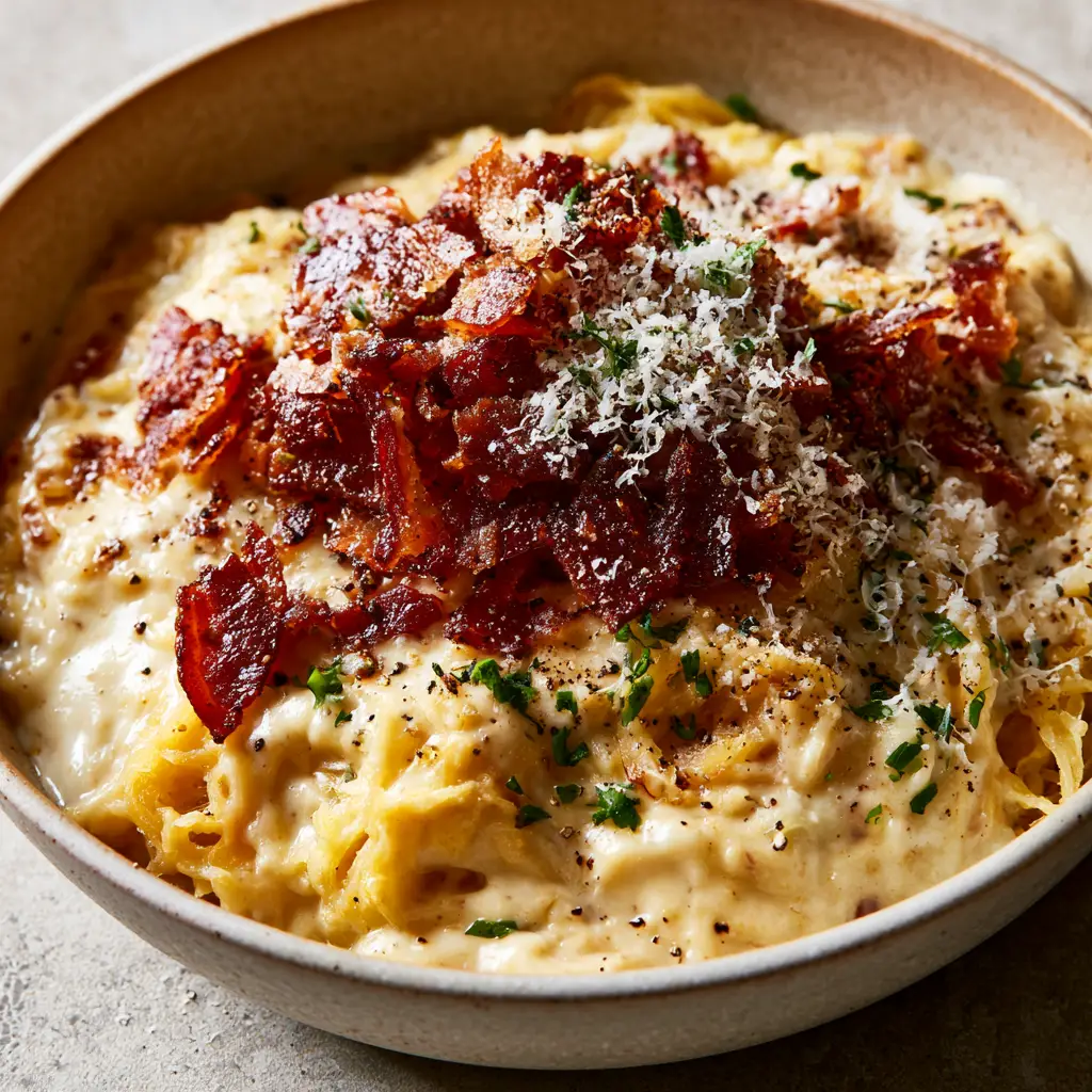 A mountain of mahogany bacon bits and cracked pepper on top of spaghetti squash carbonara.