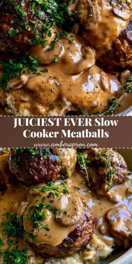 A high-angle shot of large seared beef meatballs in creamy mushroom gravy over chunky mashed potatoes. (Meatballs and Gravy)
