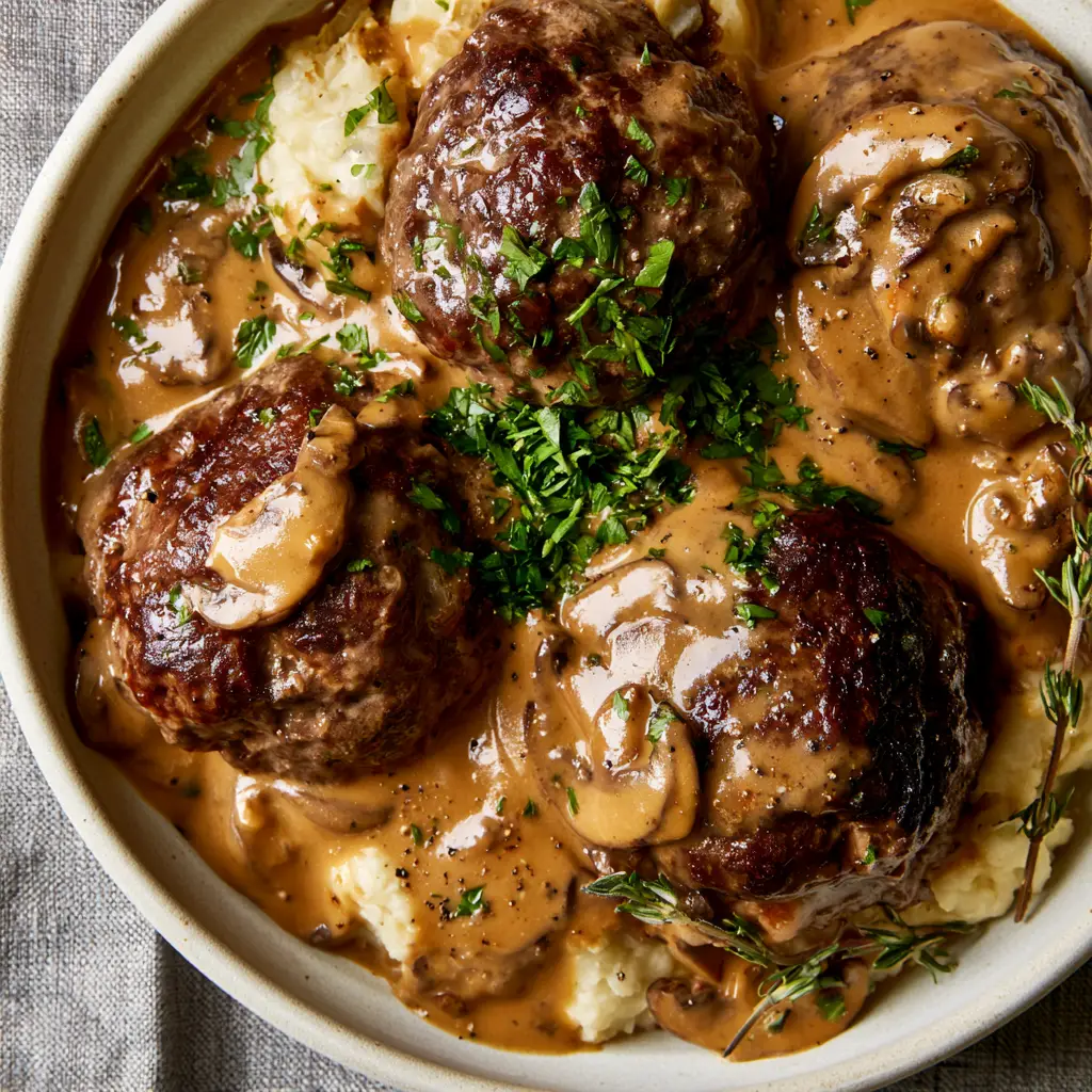 Tender beef meatballs in gravy garnished with fresh parsley and thyme sprigs.