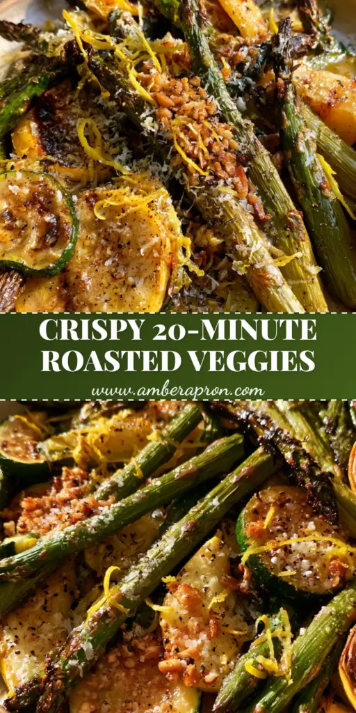 A rustic sheet pan of roasted asparagus zucchini squash with charred edges, melted parmesan, and lemon zest ribbons. (roasted asparagus zucchini squash)