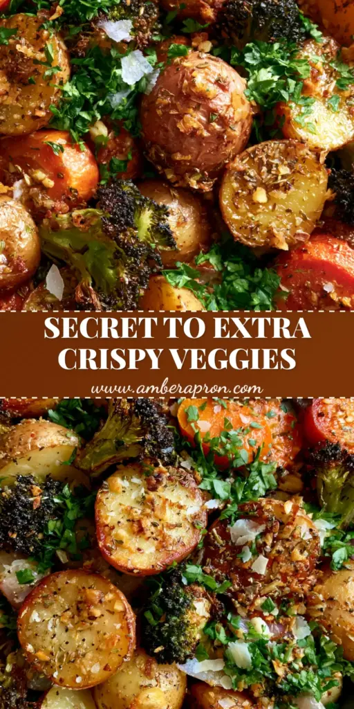 A rustic sheet pan filled with golden-brown garlic herb roasted potatoes and veggies, including charred broccoli and caramelized carrots, garnished with fresh parsley and sea salt flakes.