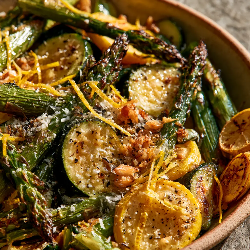Sheet pan of roasted asparagus zucchini squash featuring lemon zest strips and charred lemon halves.