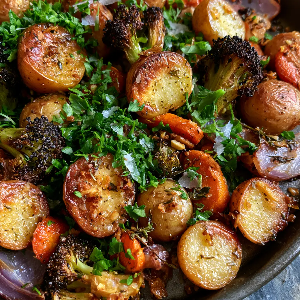 Overhead view of a sheet pan with glistening garlic herb roasted potatoes and veggies, featuring translucent red onions and caramelized carrot rounds.