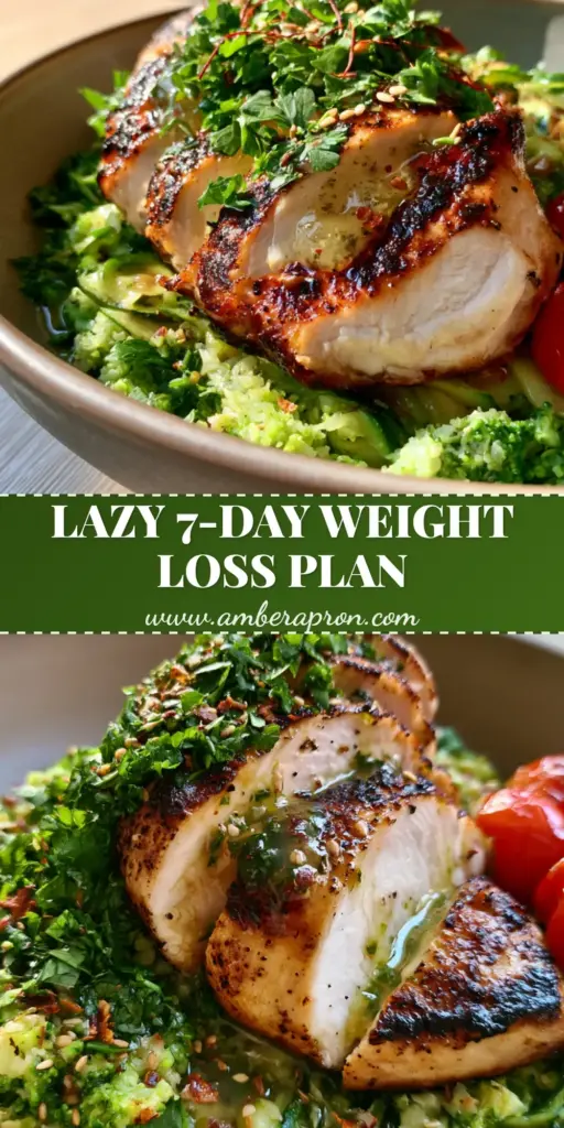 A shallow ceramic bowl containing seared chicken breast medallions, riced broccoli, and zucchini ribbons as part of a weight loss meal plan.