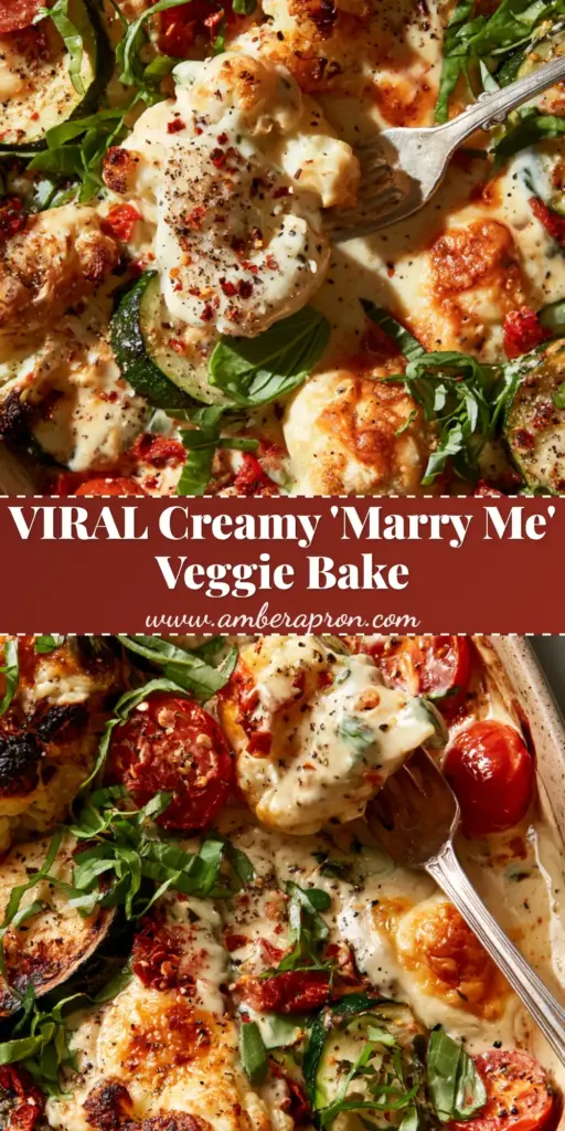 A top-down close-up of Marry Me Roasted Vegetable Bake in a ceramic pan with a vintage silver fork lifting a cheesy cauliflower floret.