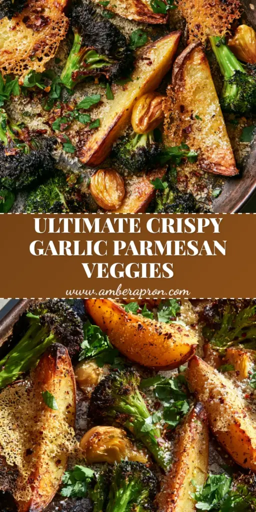 Roasted Parmesan Potatoes and Broccoli with Crispy Frico Crust 3 A close-up shot of roasted parmesan potatoes and broccoli on a dark sheet pan, featuring golden wedges with a lacy cheese crust and charred broccoli florets.