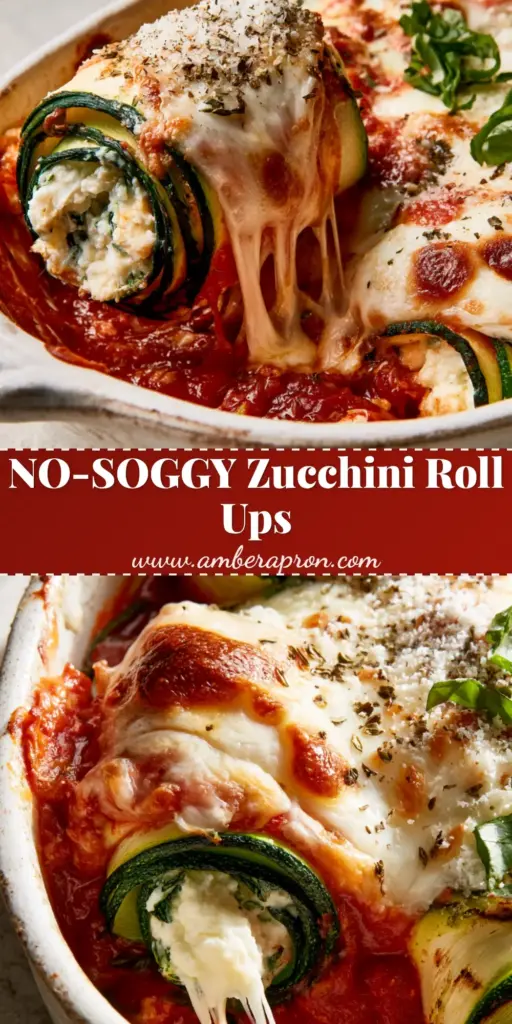 A vertical shot of Baked Zucchini Roll Ups in a white dish featuring a long stretchy cheese pull, emerald green zucchini ribbons, and bubbly mozzarella cheese with golden spots.