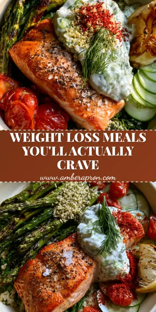 A vibrant Mediterranean Salmon Power Bowl with seared salmon, charred asparagus, and tzatziki for Healthy Weight Loss Recipes.