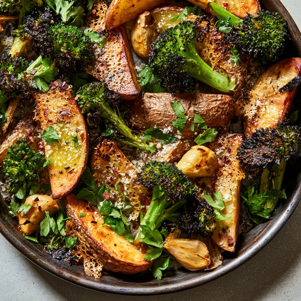 Roasted Parmesan Potatoes and Broccoli with Crispy Frico Crust 2 Top-down photo of roasted parmesan potatoes and broccoli showing deep golden-brown edges and vibrant green singed broccoli tips.