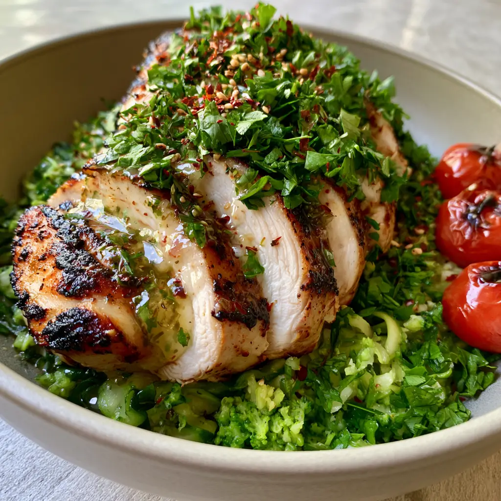Vibrant green riced broccoli and zucchini ribbons topped with blistered tomatoes for a weight loss meal plan.