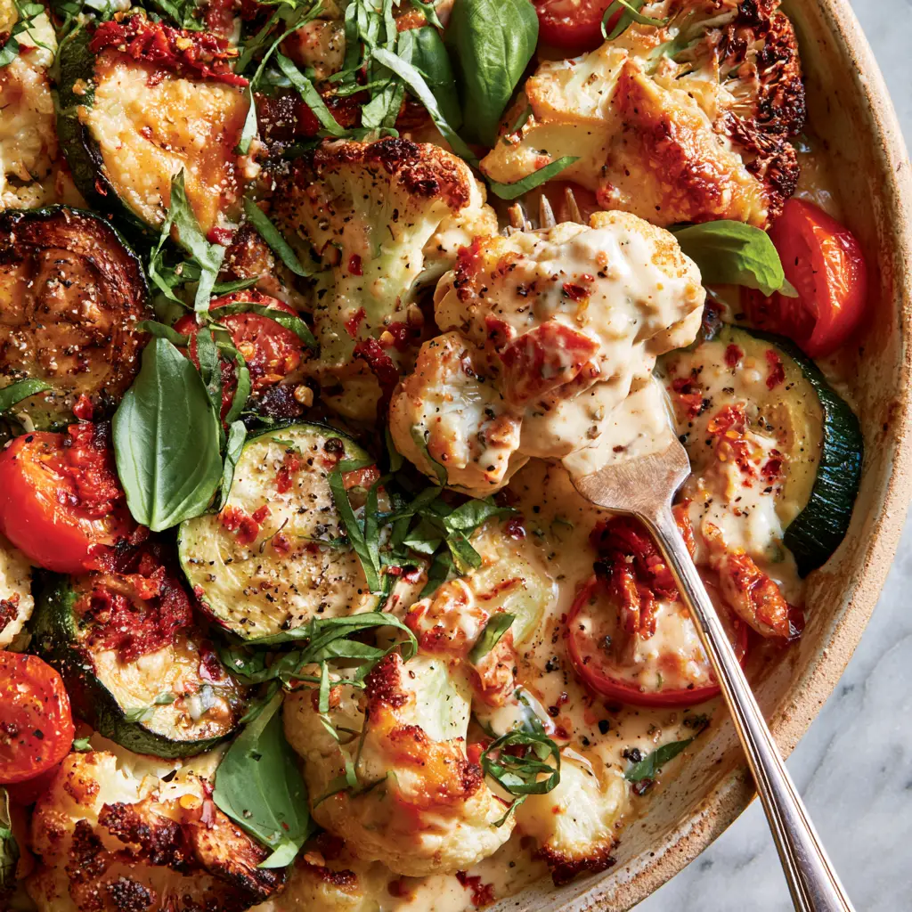 Rustic sheet pan filled with blistered cherry tomatoes, melted parmesan cheese, and fresh basil chiffonade on the Marry Me Roasted Vegetable Bake.