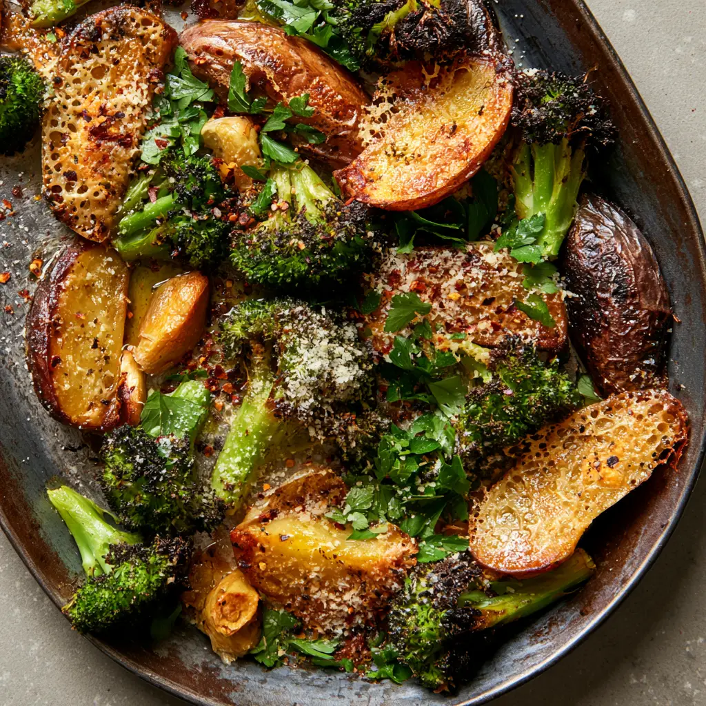 Roasted Parmesan Potatoes and Broccoli with Crispy Frico Crust 1 Close-up of the lacy parmesan crust (frico) clinging to roasted potato wedges and charred broccoli florets.