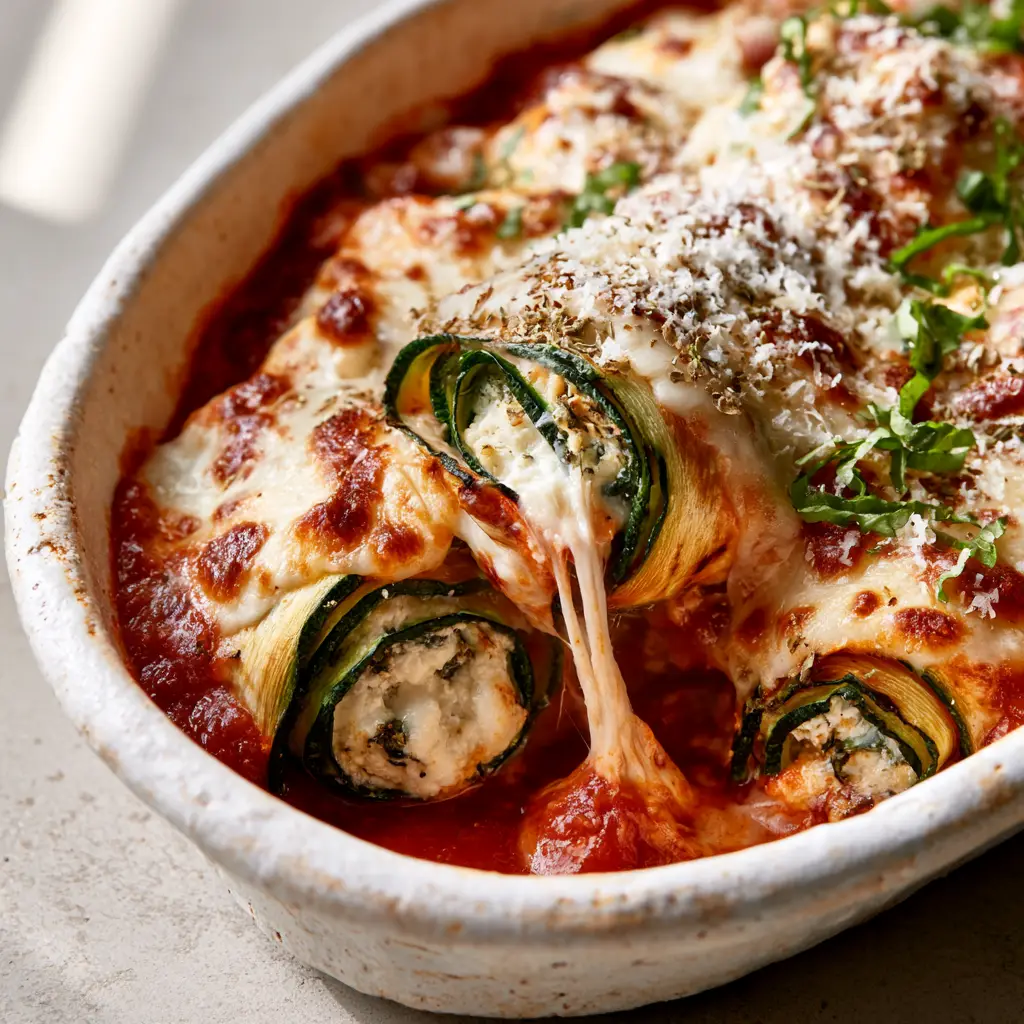 Baked Zucchini Roll Ups with thick crimson marinara sauce, melted bubbly mozzarella, and fresh green basil chiffonade garnish.