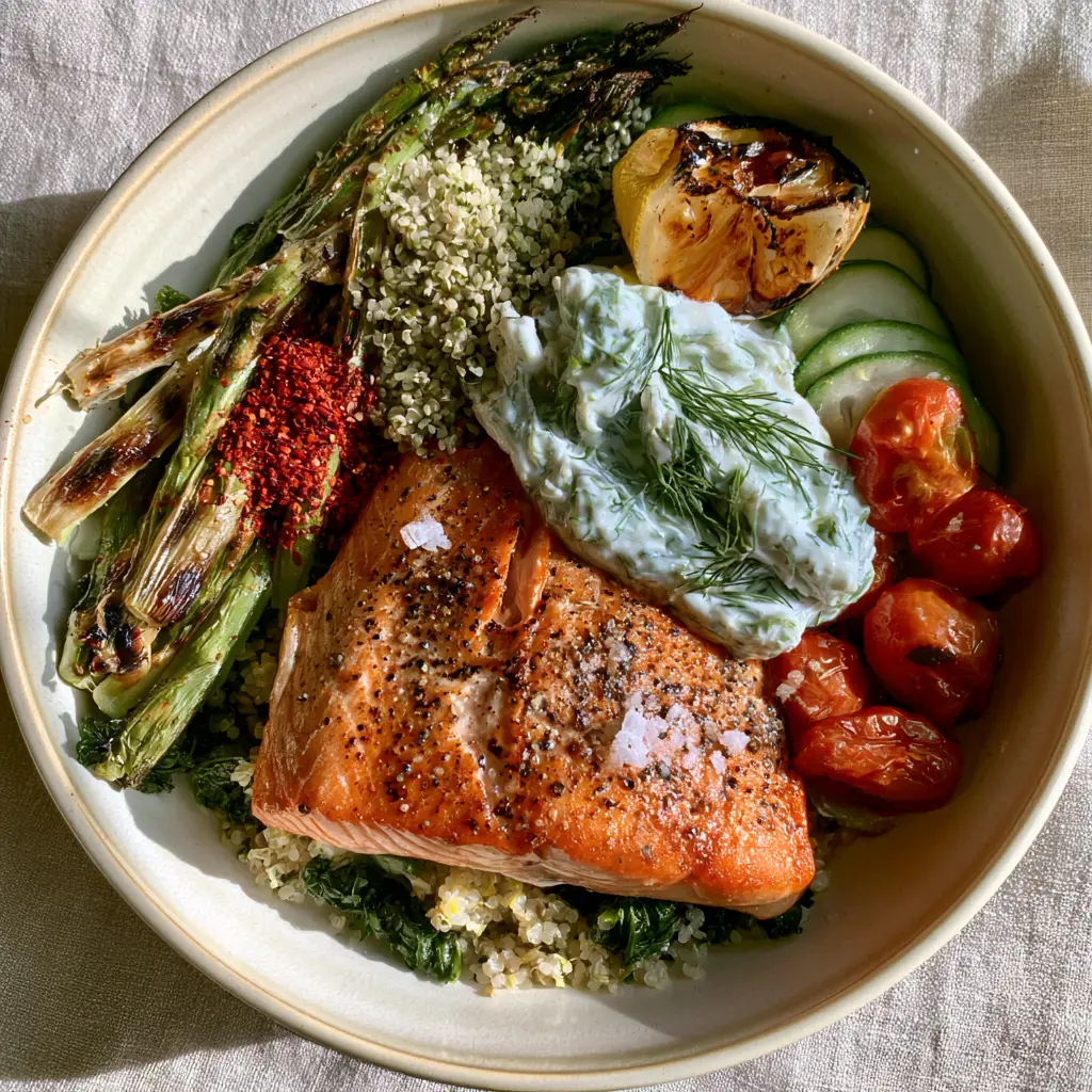Close up of charred asparagus, blistered cherry tomatoes, and creamy tzatziki sauce in a salmon bowl.