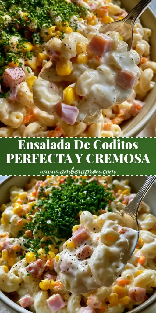 A vertical high-angle shot of ensalada de coditos in a ceramic bowl with a silver spoon lifting a creamy portion.