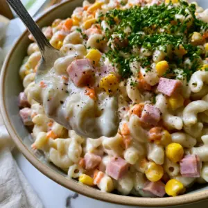 A close up shot of ensalada de coditos showing the glossy cream sauce and diced honey-glazed ham.