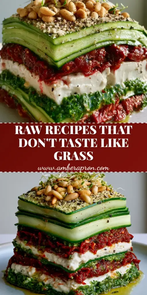 A stack of gourmet raw vegan lasagna showing colorful layers of zucchini, cashew cheese, and pesto. (raw food recipes)