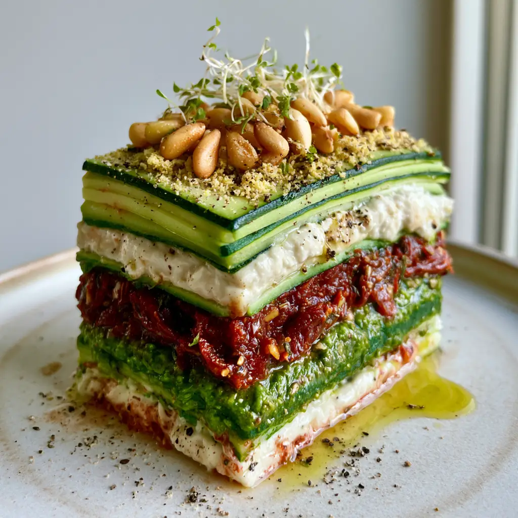 Top view of raw lasagna garnished with pine nuts, microgreens, and cracked black pepper.