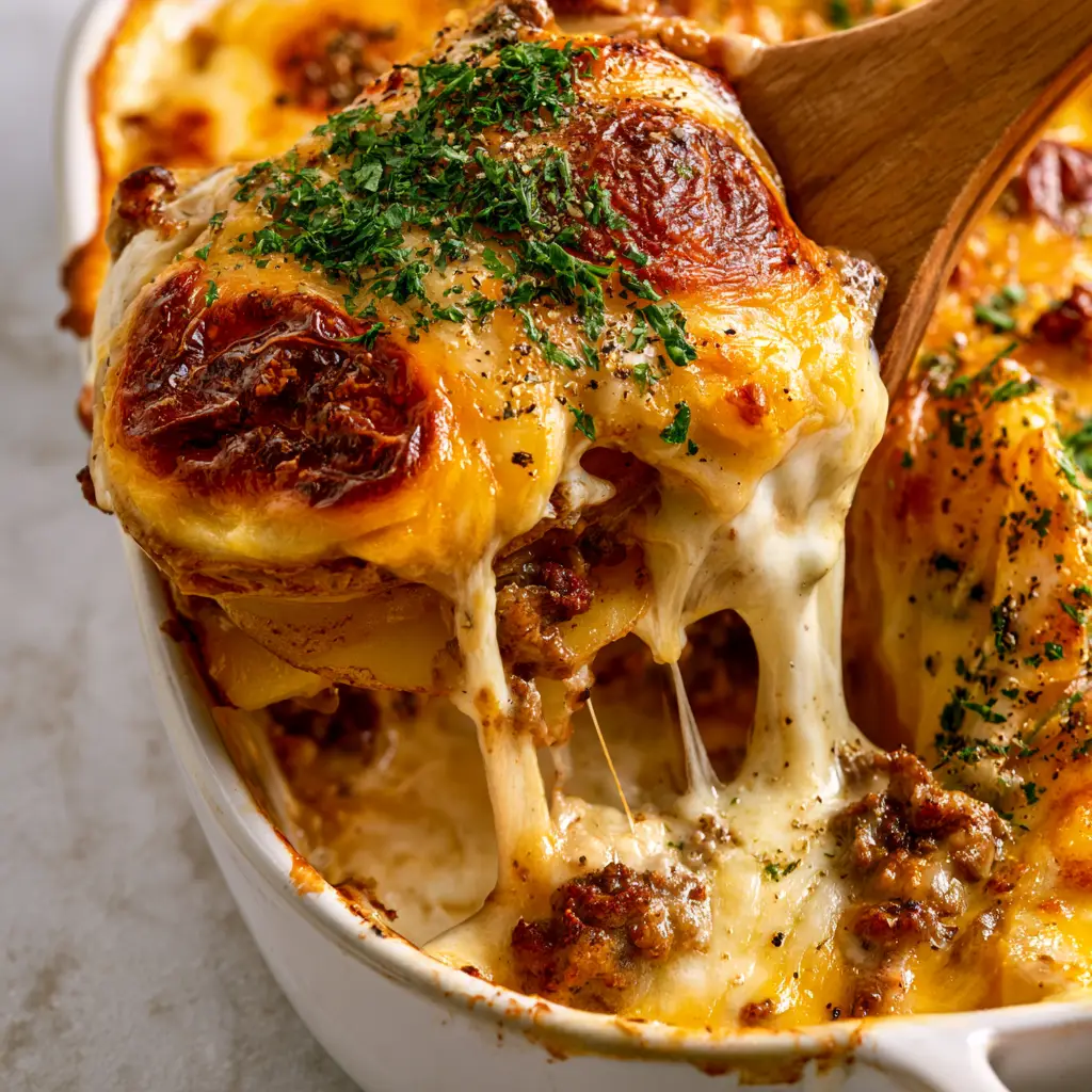 A portion of Cheesy Hamburger Potato Casserole showing the distinct layers of thinly sliced potatoes and ground beef.