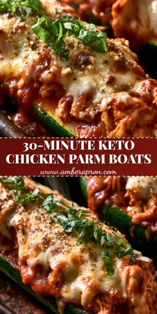 Vertical Pinterest Pin showing three Keto Chicken Parmesan Zucchini Boats with melted cheese and fresh basil. (Keto Chicken Parmesan Zucchini Boats)