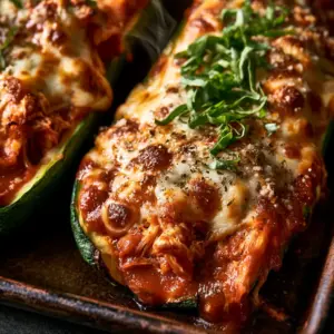 Close-up of Keto Chicken Parmesan Zucchini Boats featuring toasted mozzarella and red marinara sauce. (Keto Chicken Parmesan Zucchini Boats)