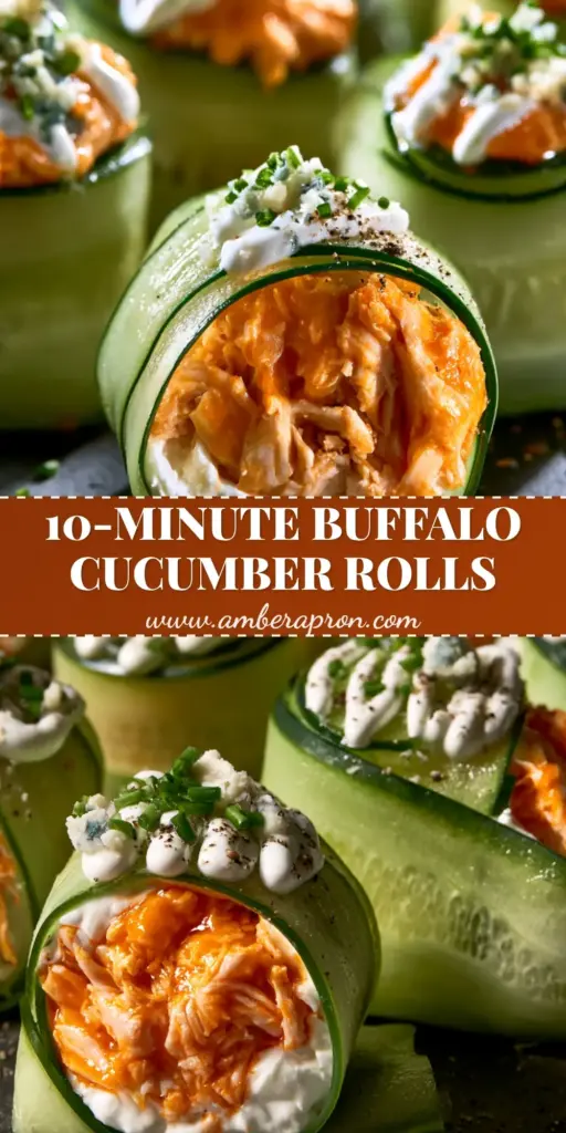 A close-up of a Buffalo chicken cucumber roll platter with ranch drizzle and chives on dark slate.