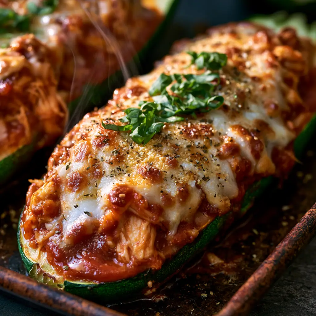 Side view of three zucchini boats filled with shredded chicken and topped with melted cheese on a rustic tray.