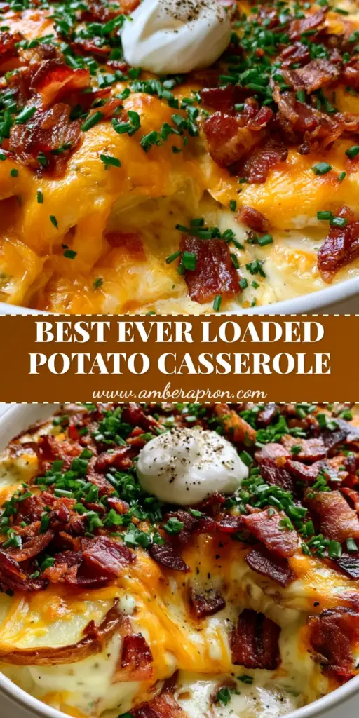 A close-up vertical shot of a loaded potato casserole in a white dish, featuring bubbling cheddar cheese, crispy bacon bits, and fresh chives with a dollop of sour cream.