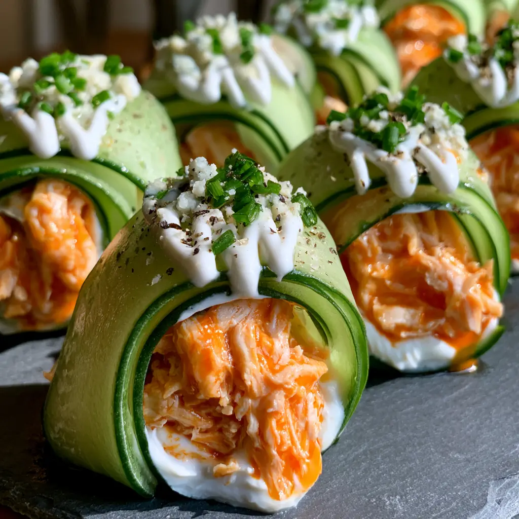 Extreme close-up of translucent cucumber ribbons filled with orange buffalo chicken and blue cheese.