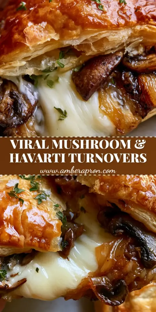 A close-up of flaky golden-brown mushroom and havarti turnovers with a visible cheese pull and fresh thyme leaves.