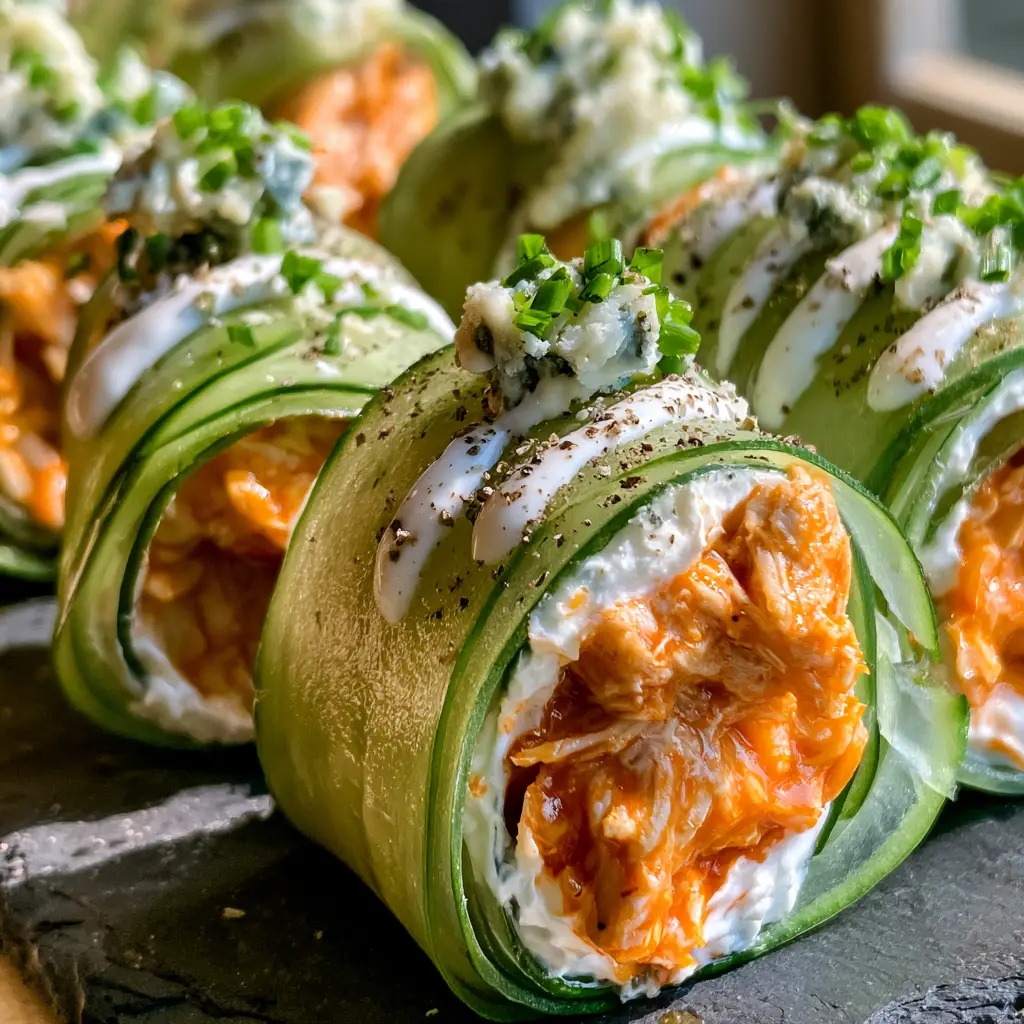 High-angle view of a dark slate platter featuring Buffalo chicken cucumber rolls with a ranch zig-zag.