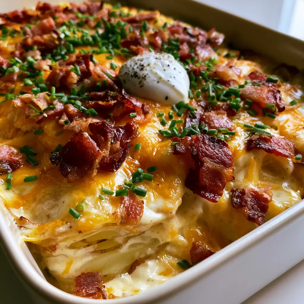 A handheld smartphone photo showing a gooey cross-section of a loaded potato casserole with Yukon Gold slices and melted cheese.