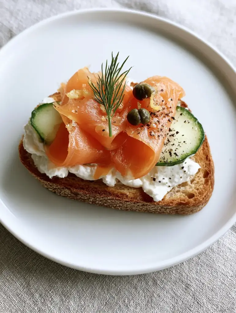 Close up shot of artisanal baguette topped with folded smoked salmon and fresh dill. (cold appetizers)