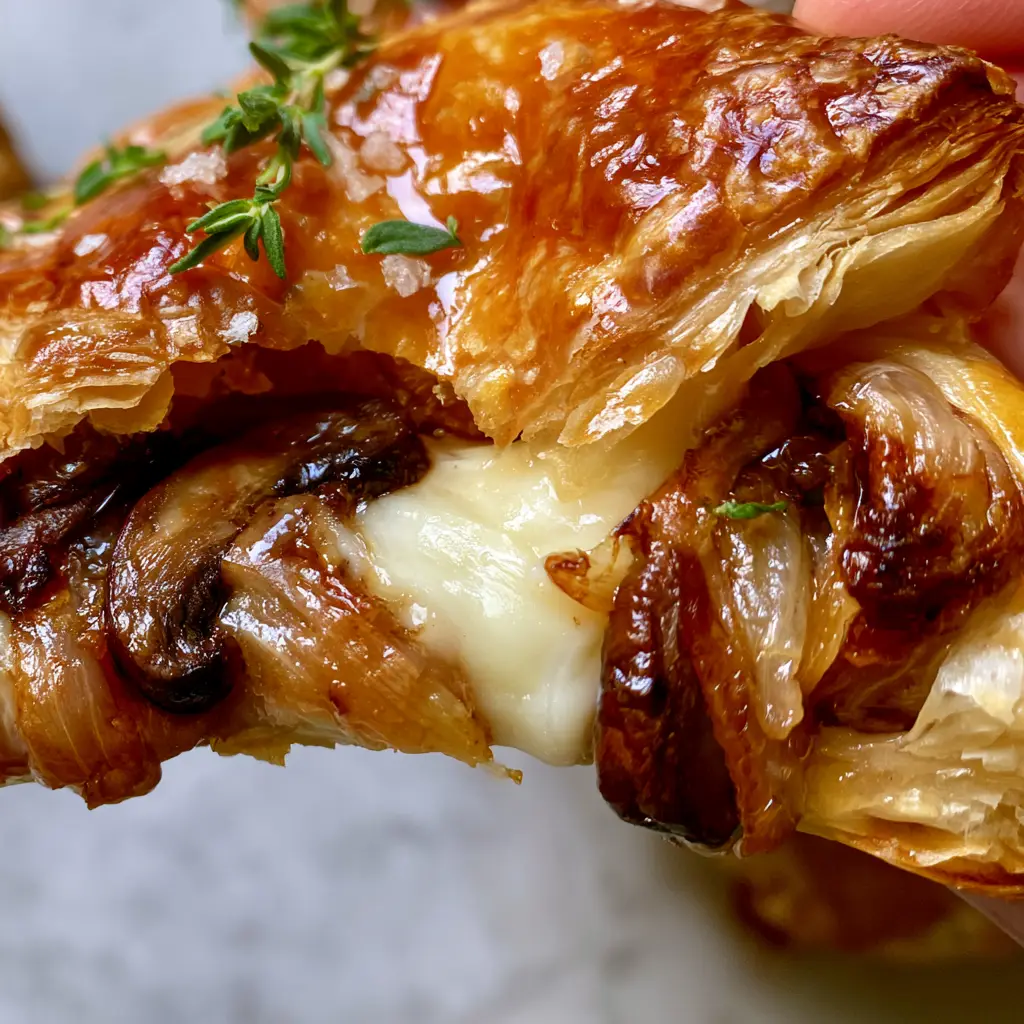 Extreme close-up of a golden brown, flaky puff pastry mushroom and havarti turnover being pulled apart.