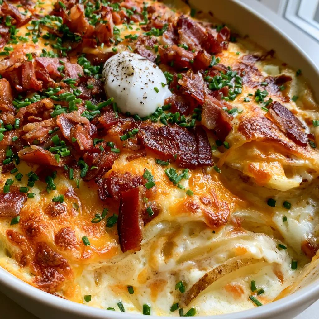 An angled close-up of a loaded potato casserole featuring crispy bacon crumbles and a sprinkle of cracked black pepper on melted cheese.