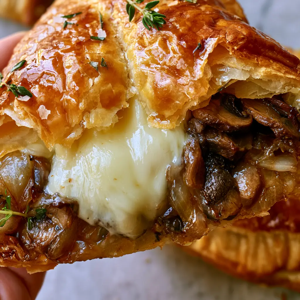 A detailed shot of the savory filling inside mushroom and havarti turnovers featuring caramelized onions and cremini mushrooms.
