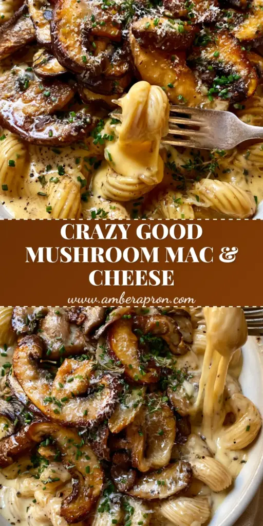 A close up photo of mushroom mac and cheese featuring glossy cavatappi pasta and a thick cheese pull with seared cremini mushrooms.