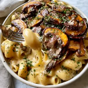 Top-down view of a rustic bowl filled with mushroom mac and cheese topped with golden seared shiitake mushrooms and fresh thyme.