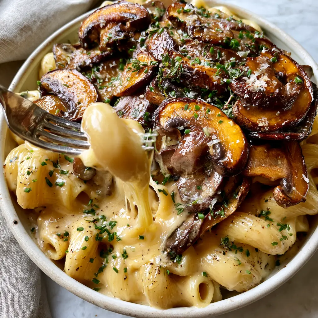 Top-down view of a rustic bowl filled with mushroom mac and cheese topped with golden seared shiitake mushrooms and fresh thyme.