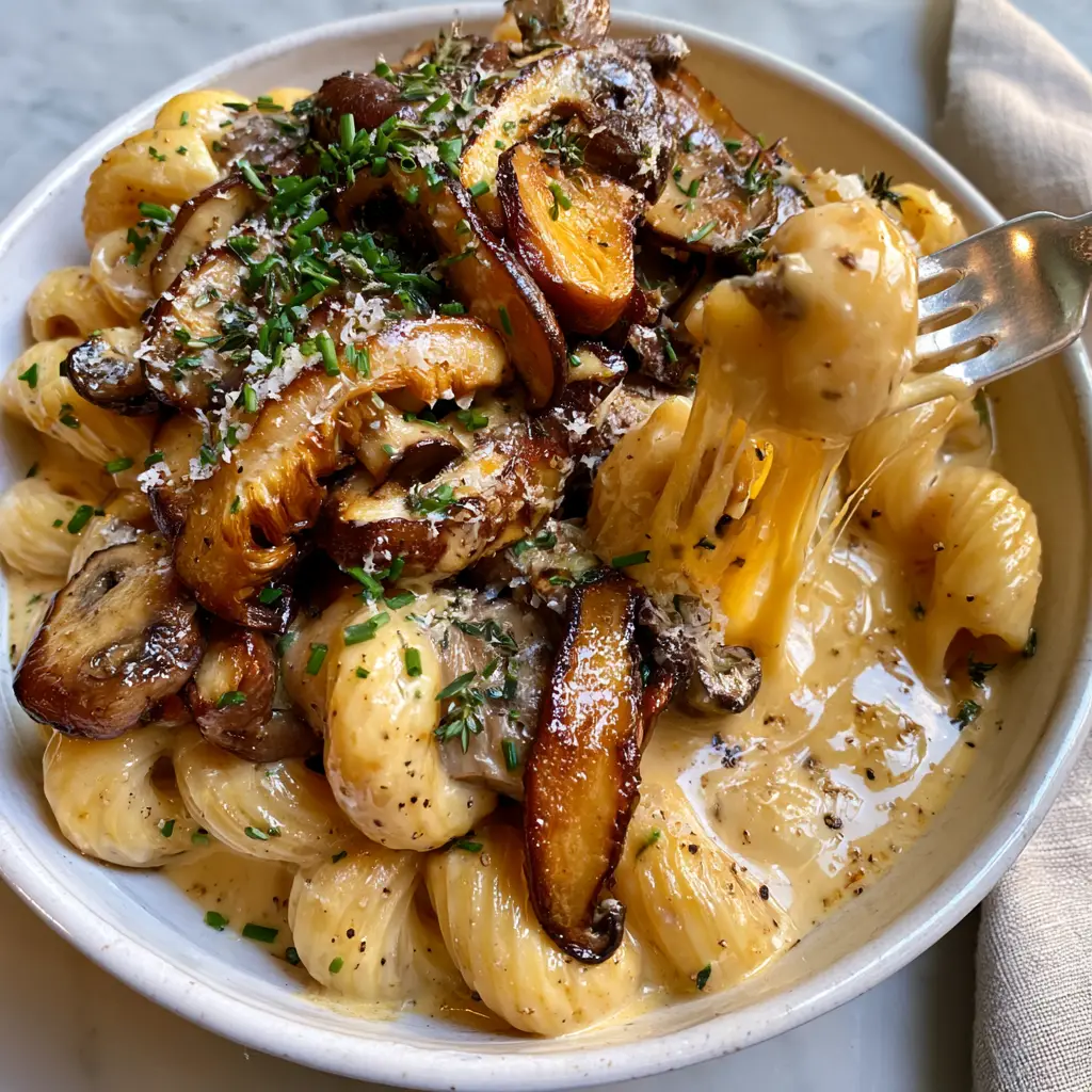 Detailed shot of butter-glistening mushrooms on top of creamy cavatappi pasta. (mushroom mac and cheese)