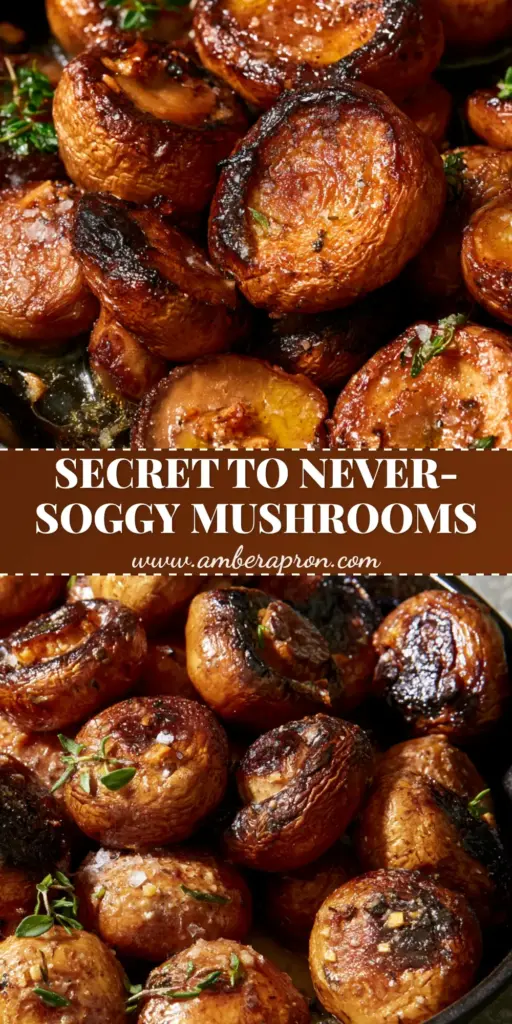 Whole Oven-roasted mushrooms in a black cast iron skillet with glistening garlic butter and fresh thyme.