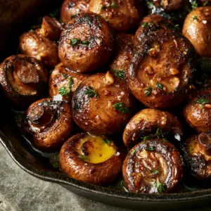 Extreme macro close-up of Oven-roasted mushrooms with charred crispy edges and sea salt crystals.