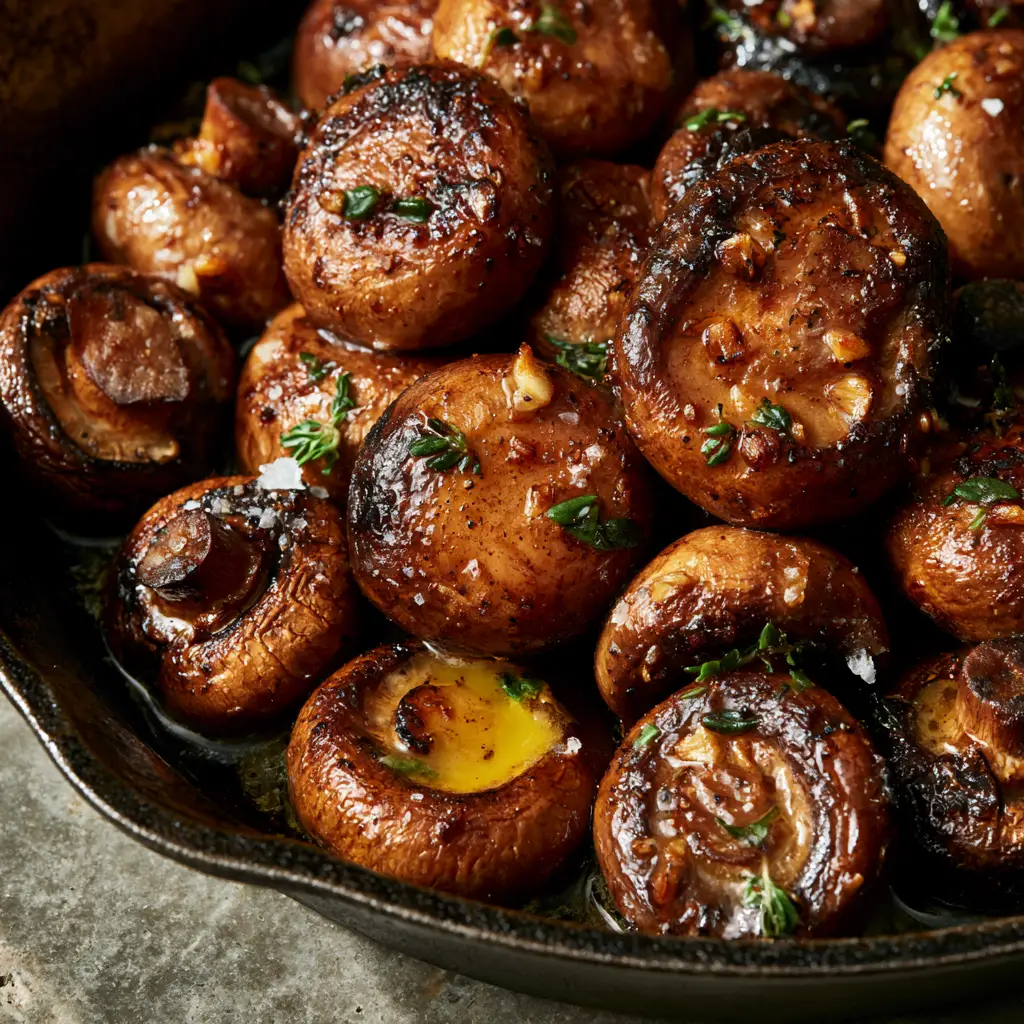 Extreme macro close-up of Oven-roasted mushrooms with charred crispy edges and sea salt crystals.