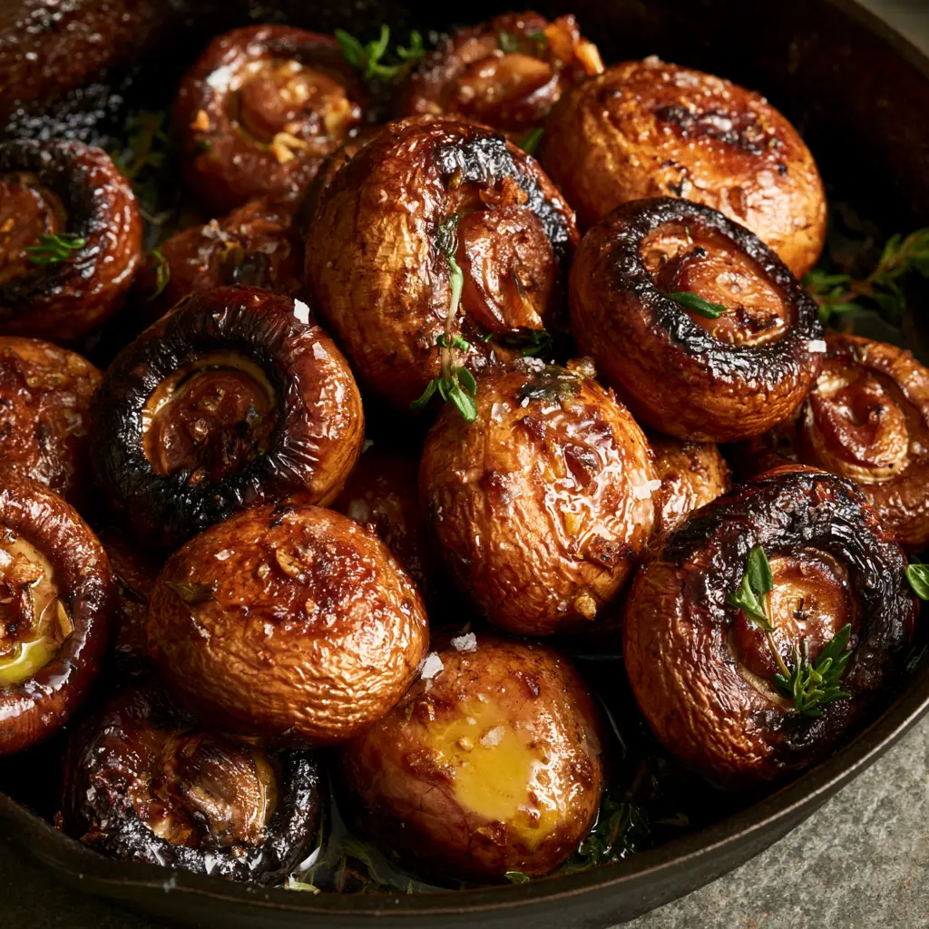 Oven-roasted mushrooms glistening with melted garlic butter and topped with toasted garlic bits in a skillet.